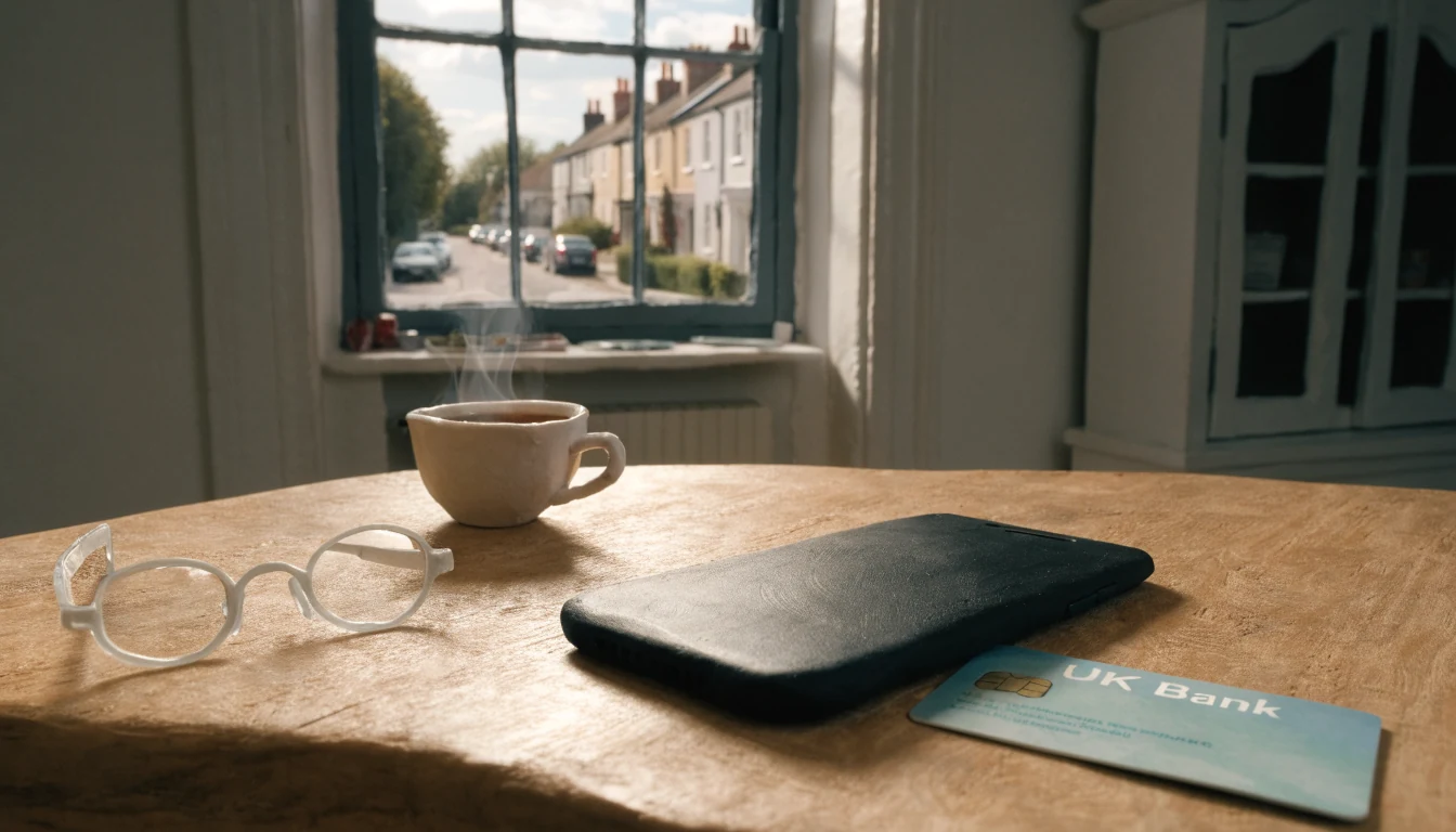 Phone and UK bank card on a kitchen table by a window