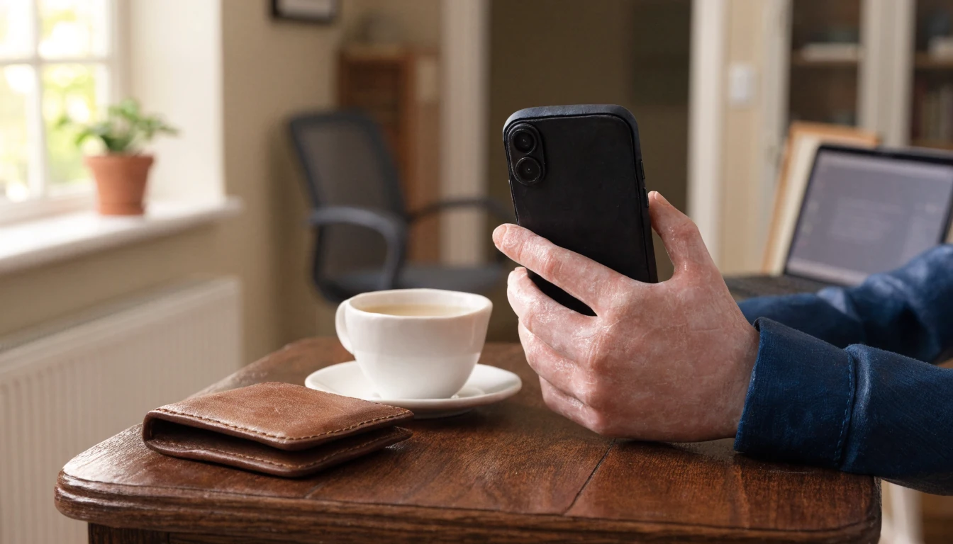 Smartphone, wallet and teacup on a wooden table in a modern UK flat