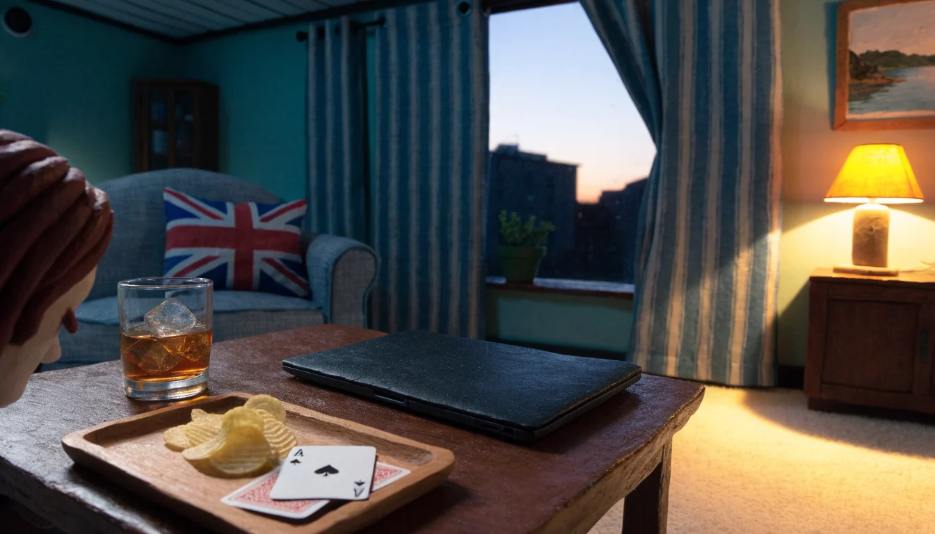 British living room scene with a closed laptop, chips and playing cards on a tray