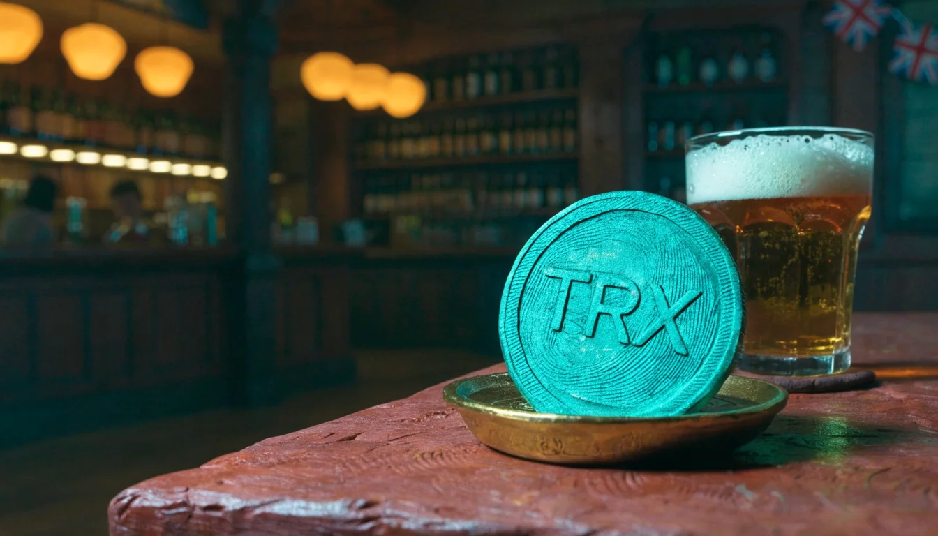 TRX coin on a British pub table next to a pint.
