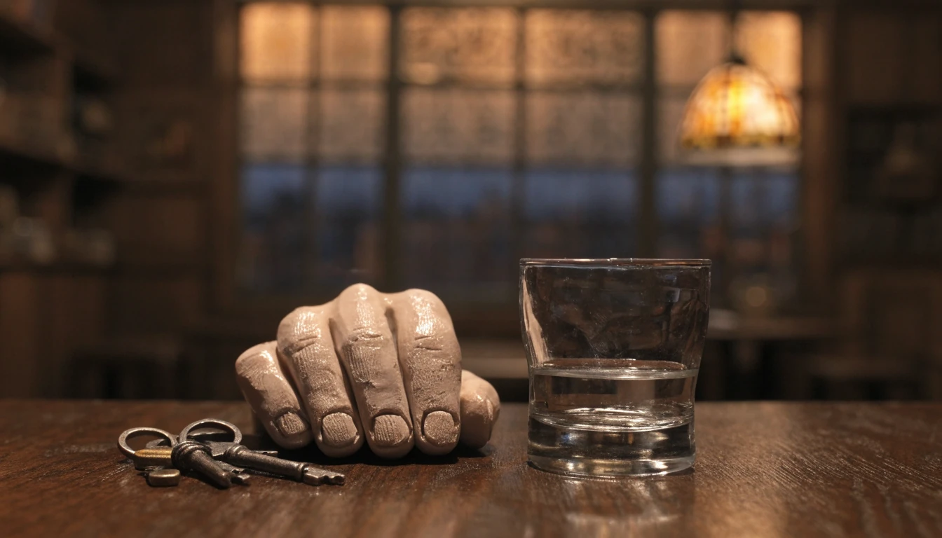 Hand beside empty glass in a traditional British pub at dusk