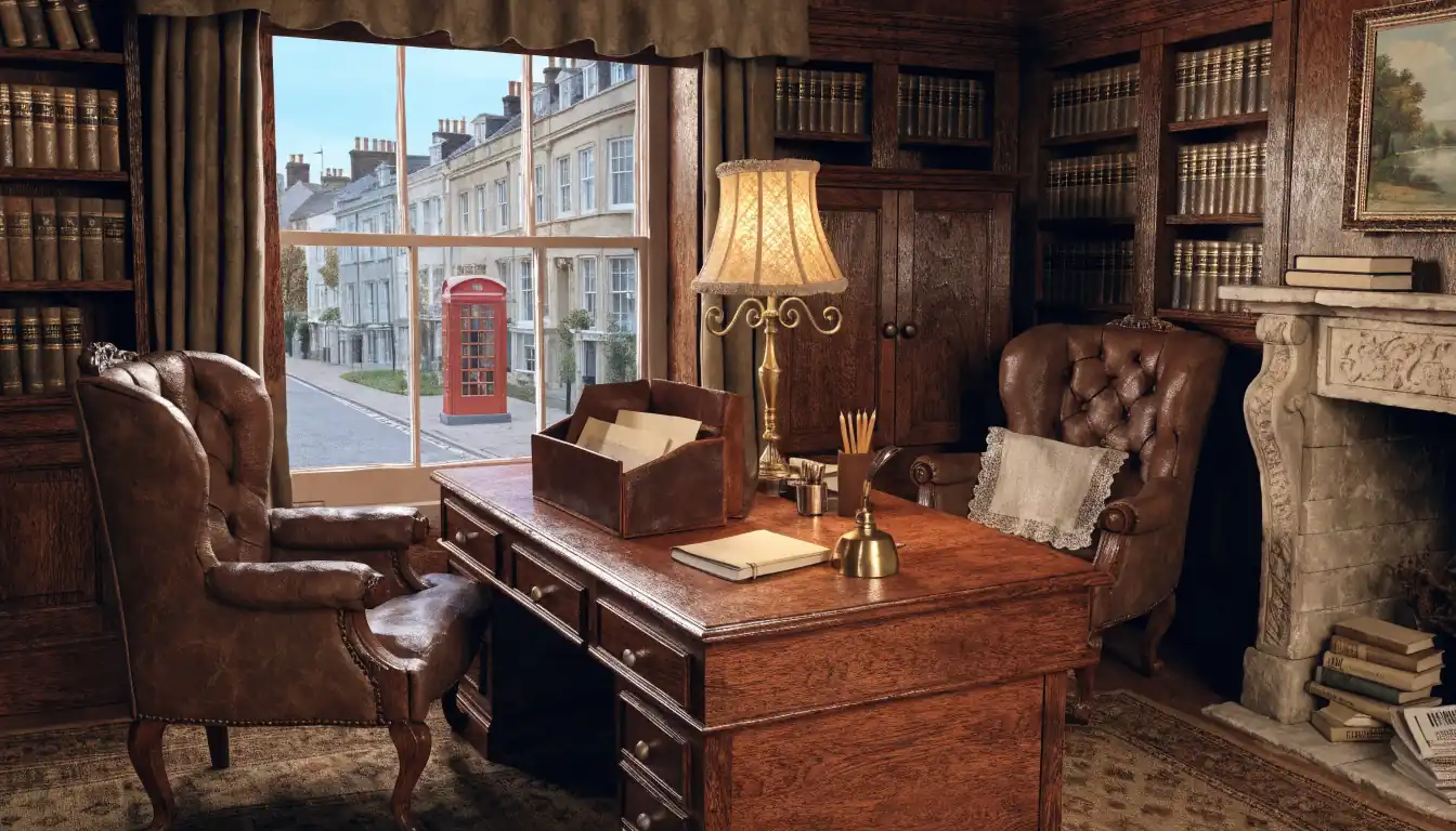 Traditional British study interior with desk, fireplace, and London street view.