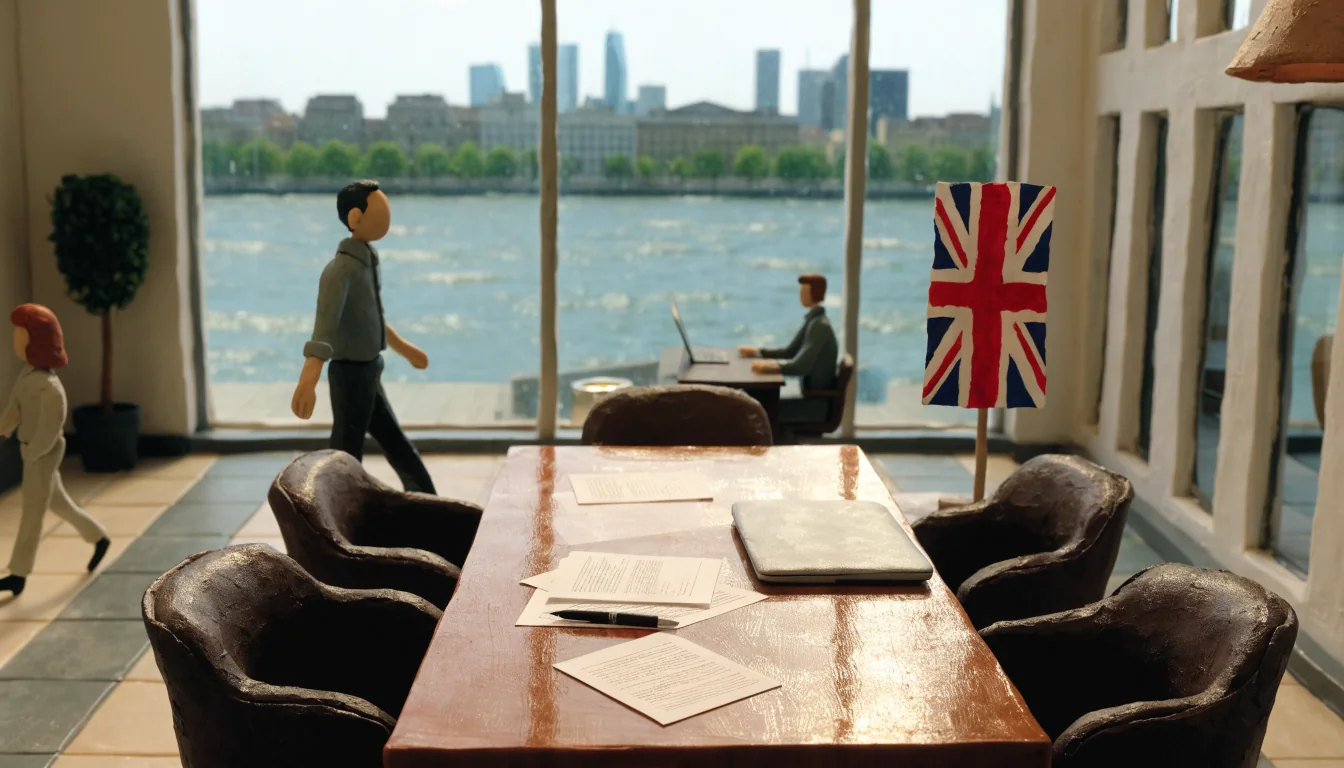 Modern London office with documents and a Union Jack near the window.