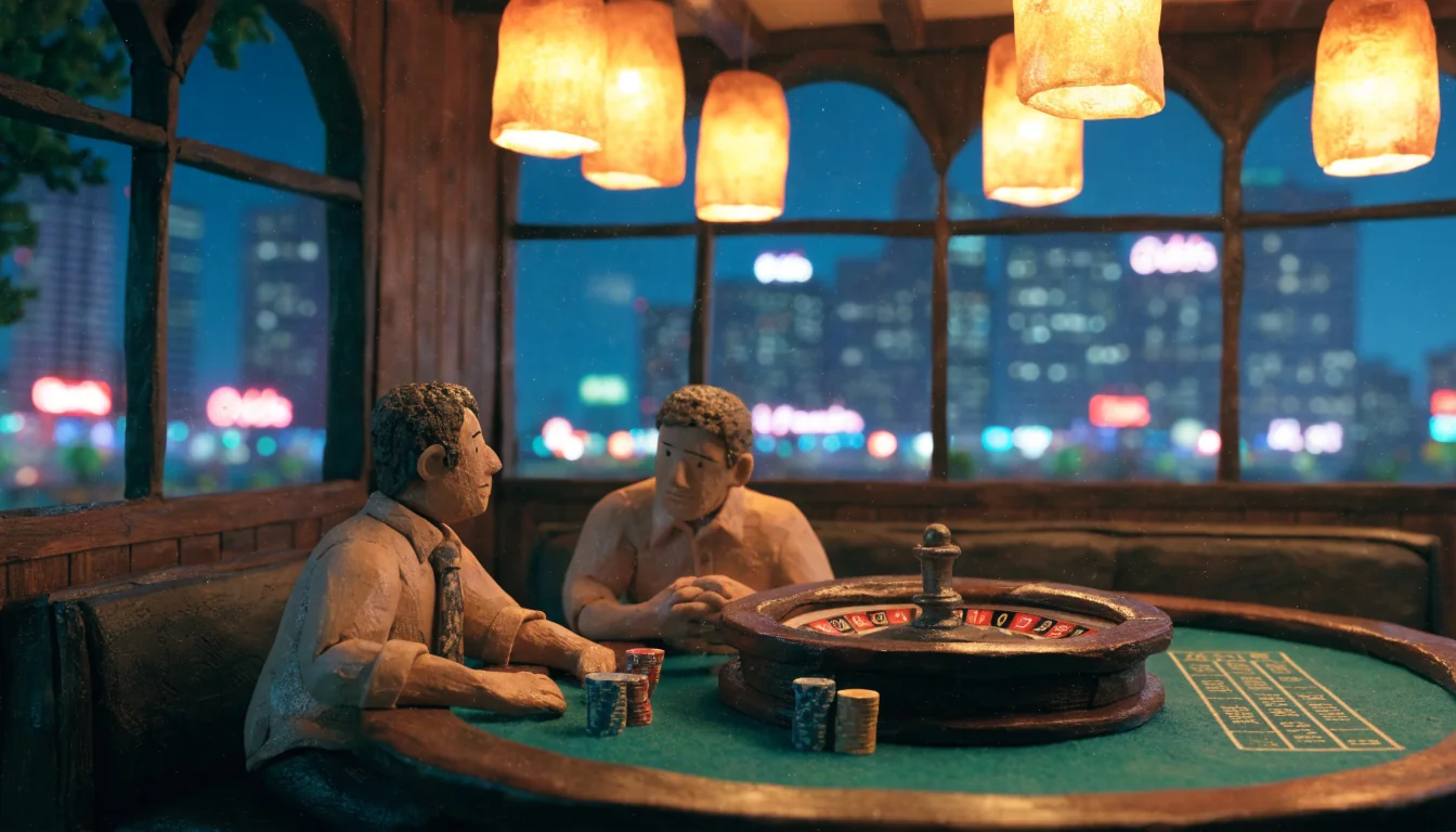 American casino lounge with roulette wheel, poker chips, and neon city skyline through arched windows