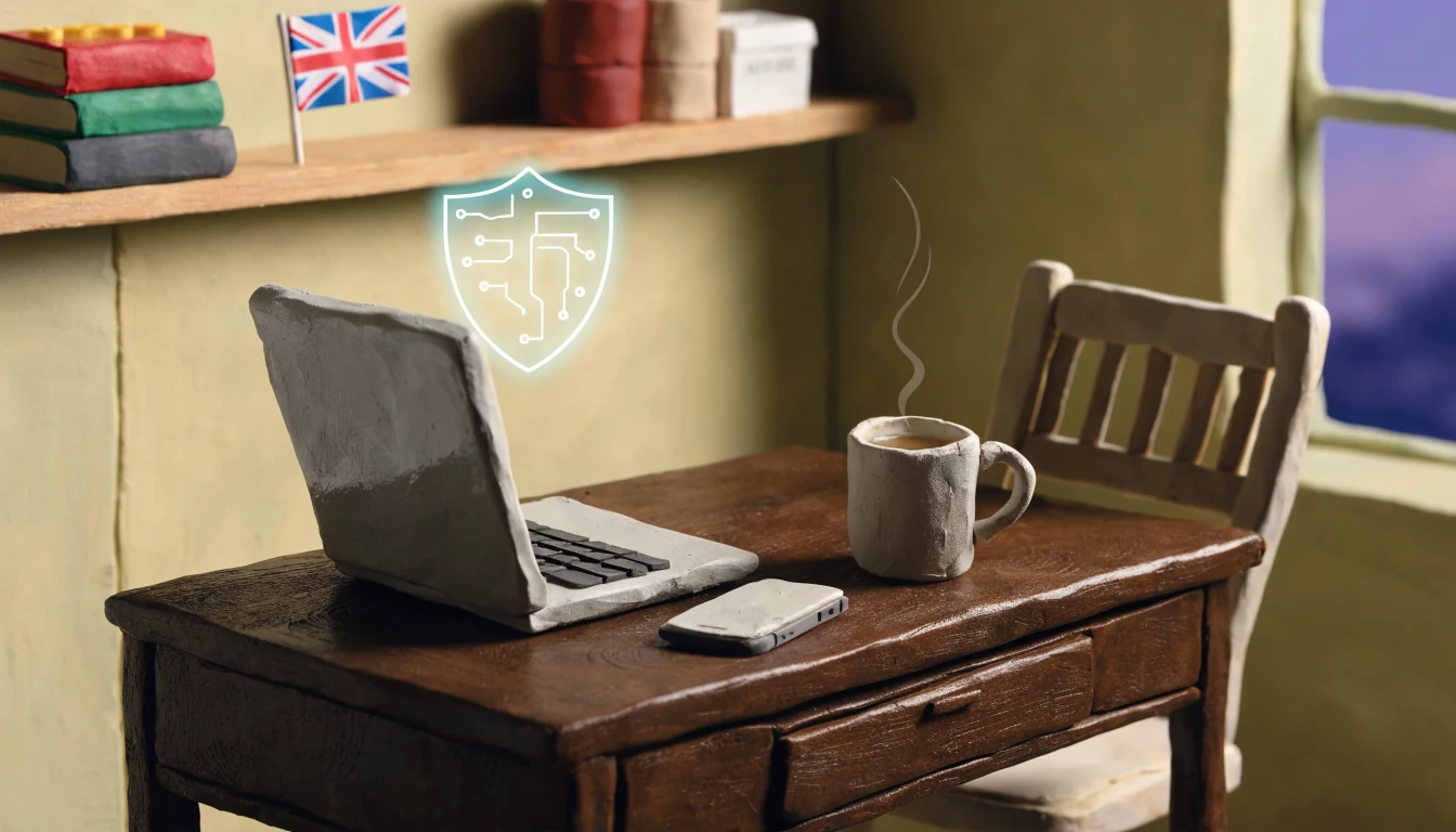 British home office with closed laptop, tea, and a glowing VPN shield.
