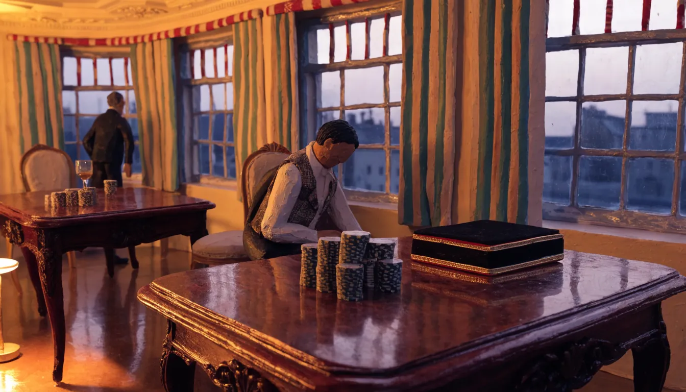 London casino lounge at dusk with stacked chips and a velvet gift box