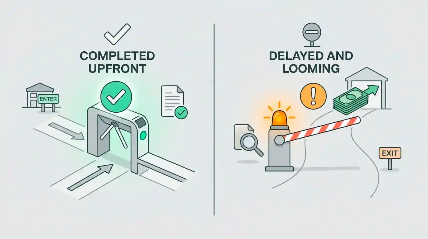 Illustration contrasting an identity check completed at sign-up with one delayed until the cash-out request