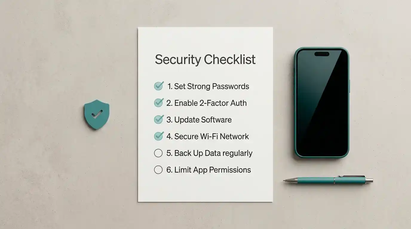 A simple checklist with ticked boxes beside a phone and shield icon representing a layered self-protection plan