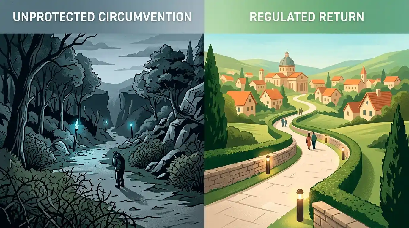 Two diverging paths contrasting a regulated, protected return with unprotected offshore circumvention
