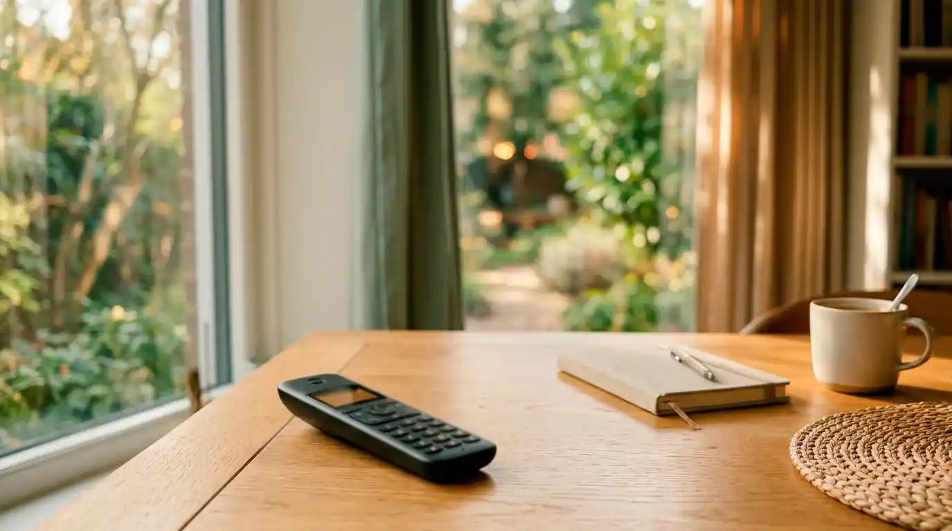 A telephone handset with a calm supportive scene representing the National Gambling Helpline