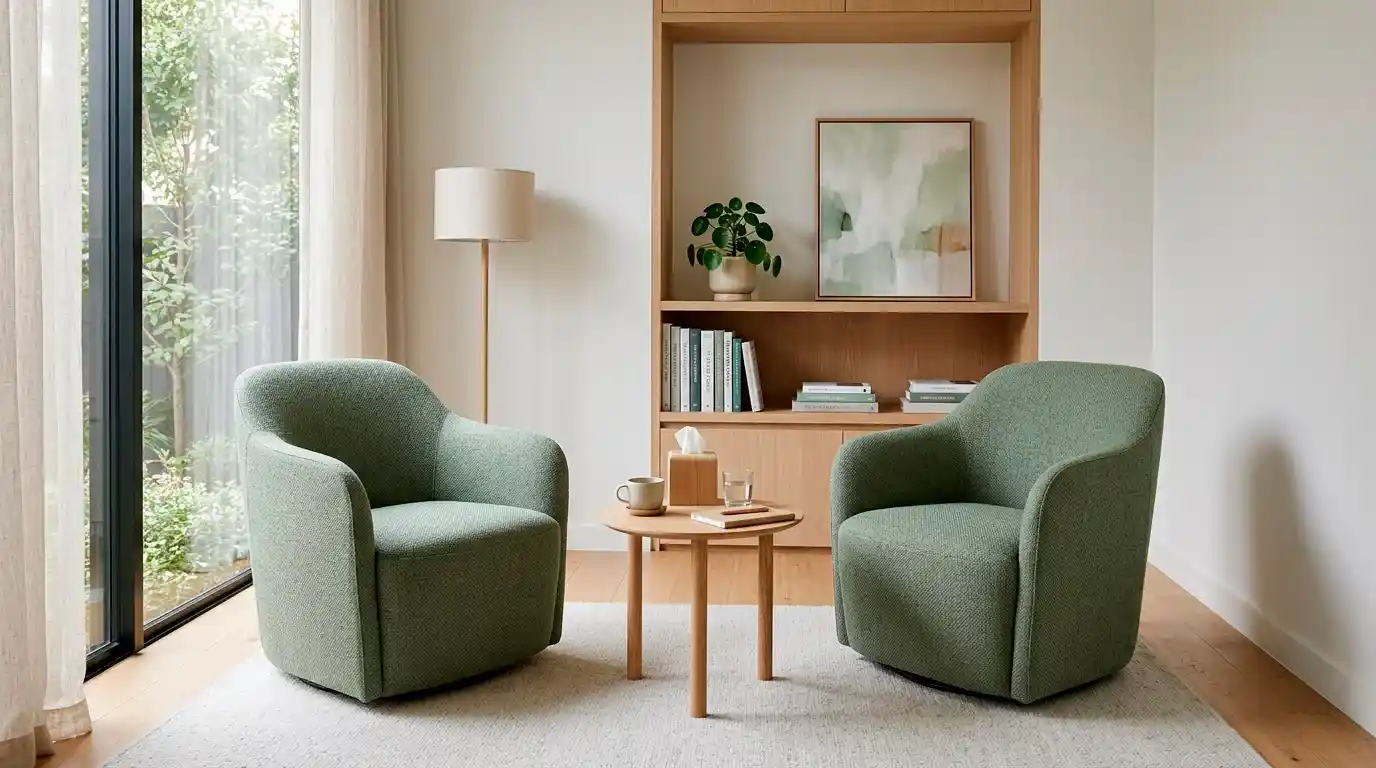 A calm clinical consultation room representing free NHS gambling treatment clinics