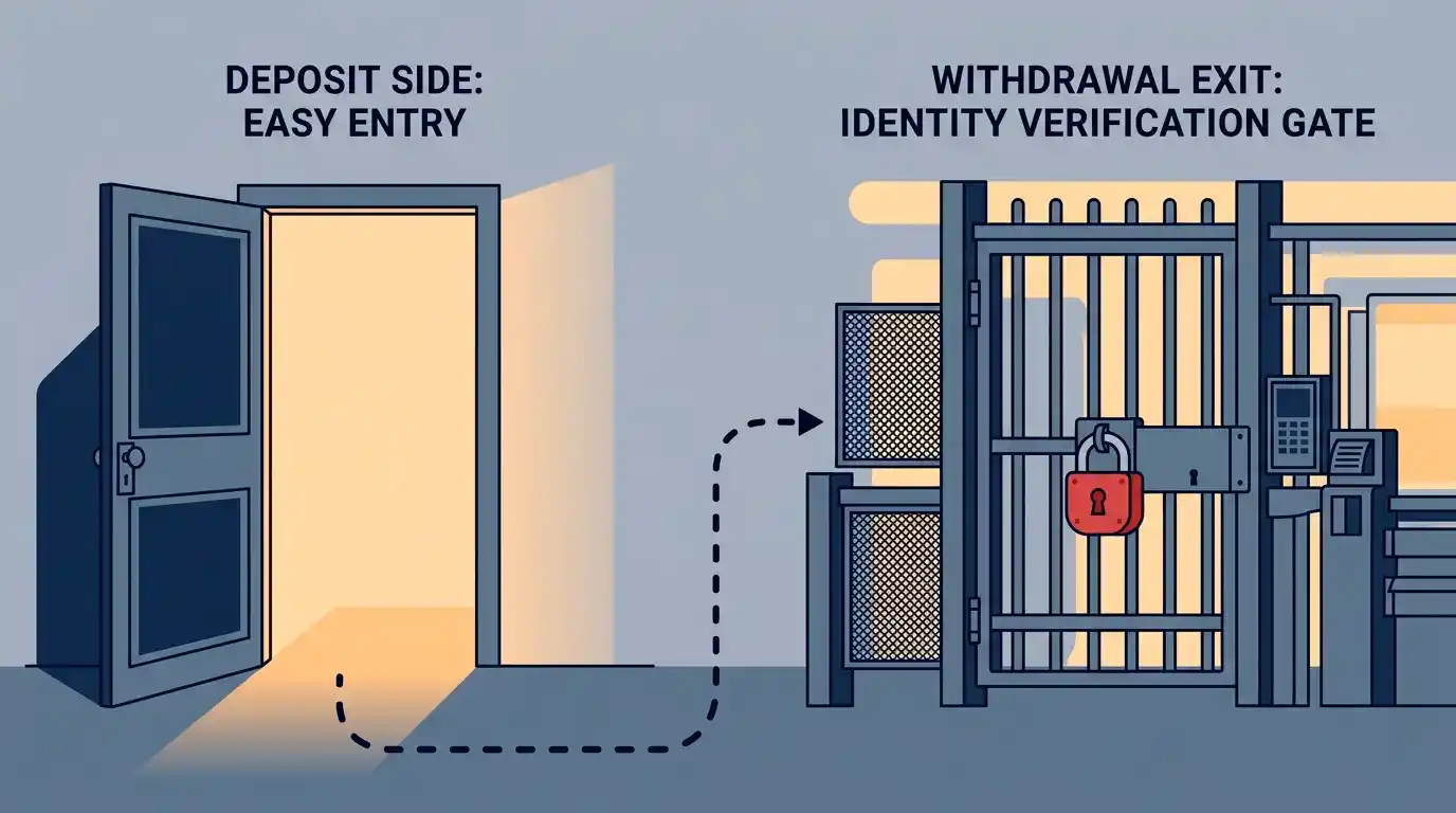 Illustration linking a no-bank-details deposit to an identity check delayed until withdrawal