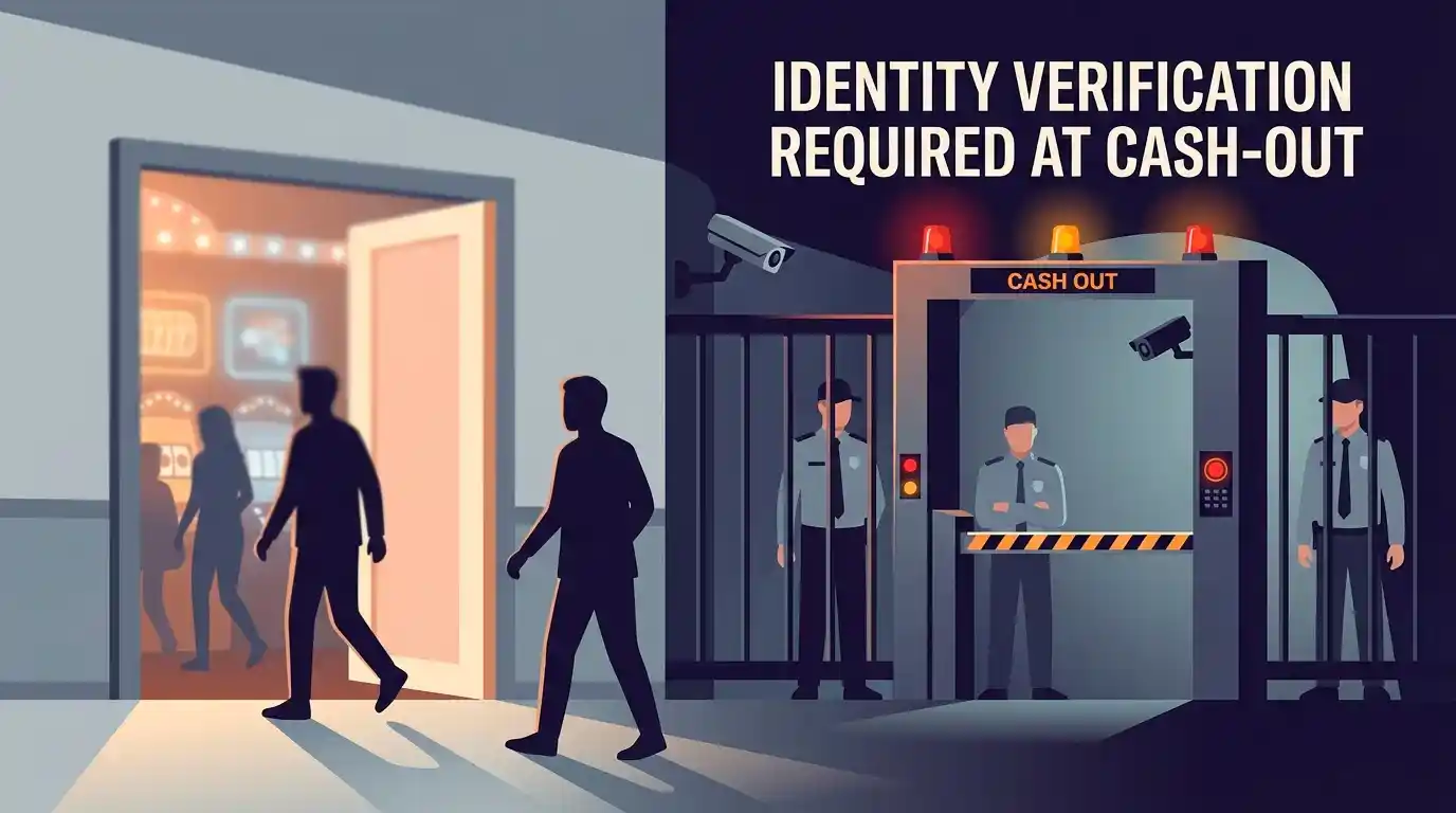 Conceptual illustration of an identity-verification gate moved from the entrance to the exit of an online casino