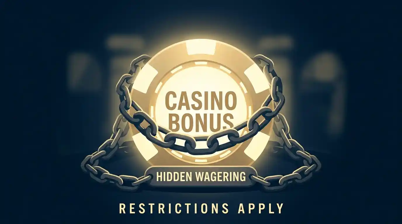 Conceptual illustration of a large casino bonus offer attached to heavy wagering-requirement chains