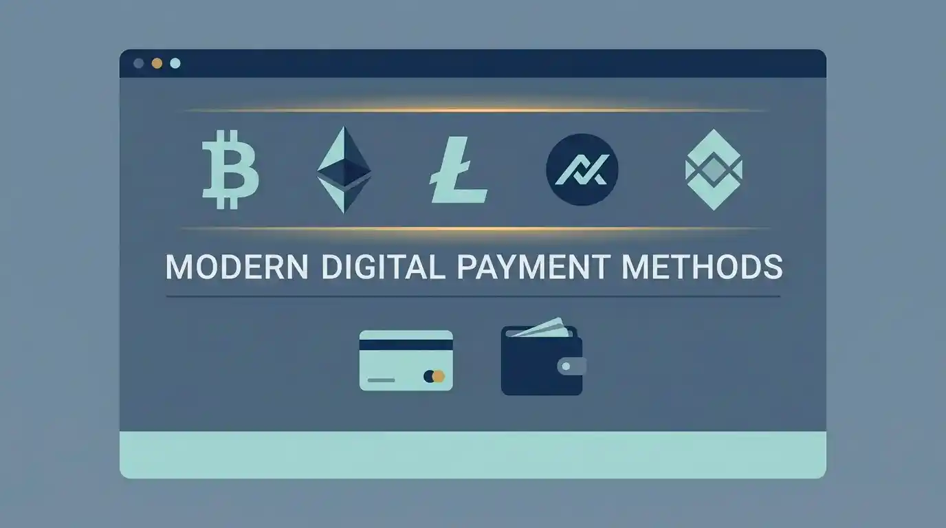 Illustration of an online casino cashier screen with cryptocurrency options listed first above card options