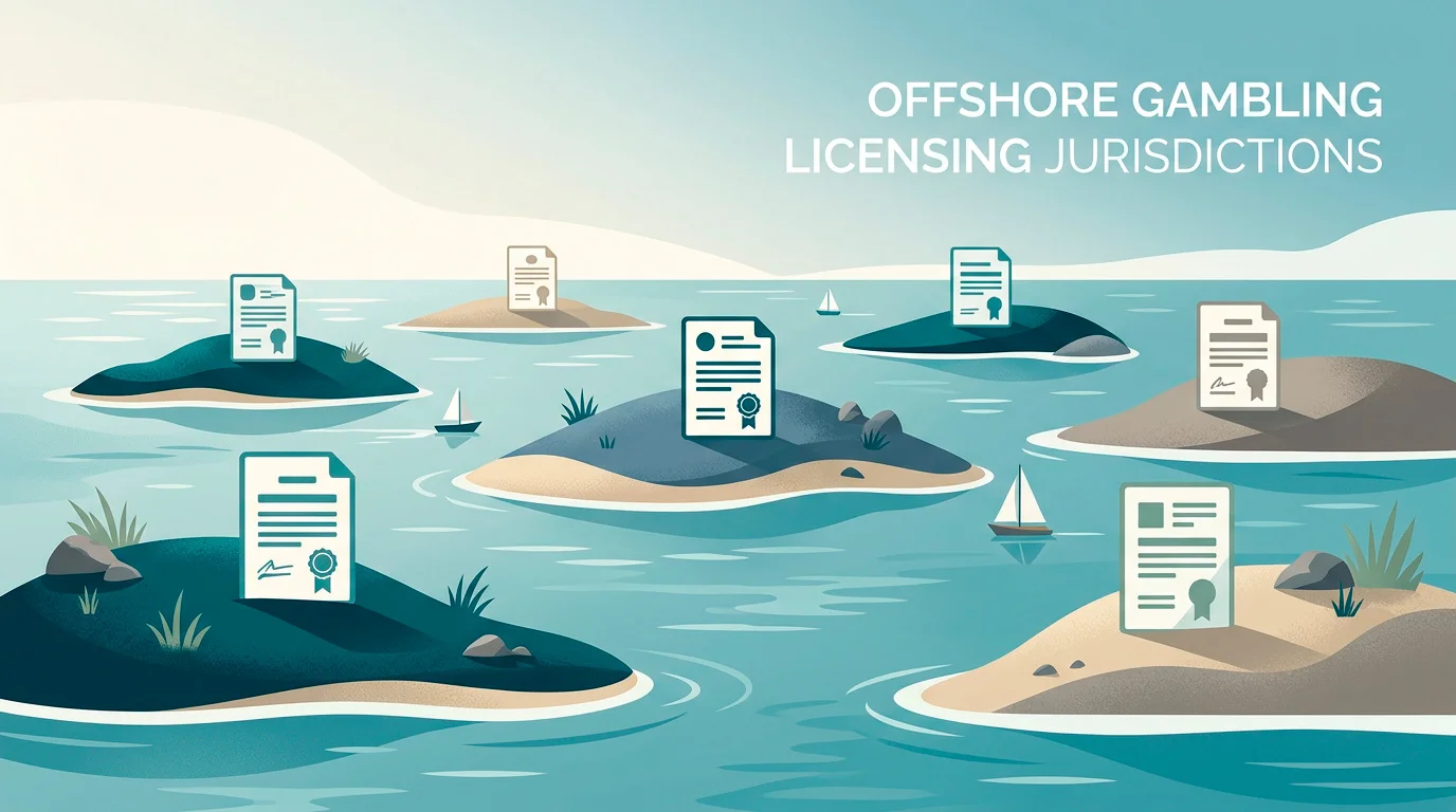 Conceptual map illustration showing offshore gambling licence jurisdictions spread across small islands