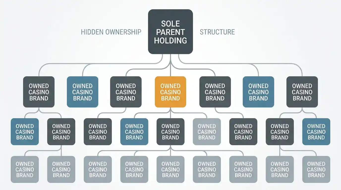 Diagram-style illustration of one parent company sitting behind multiple casino brand names