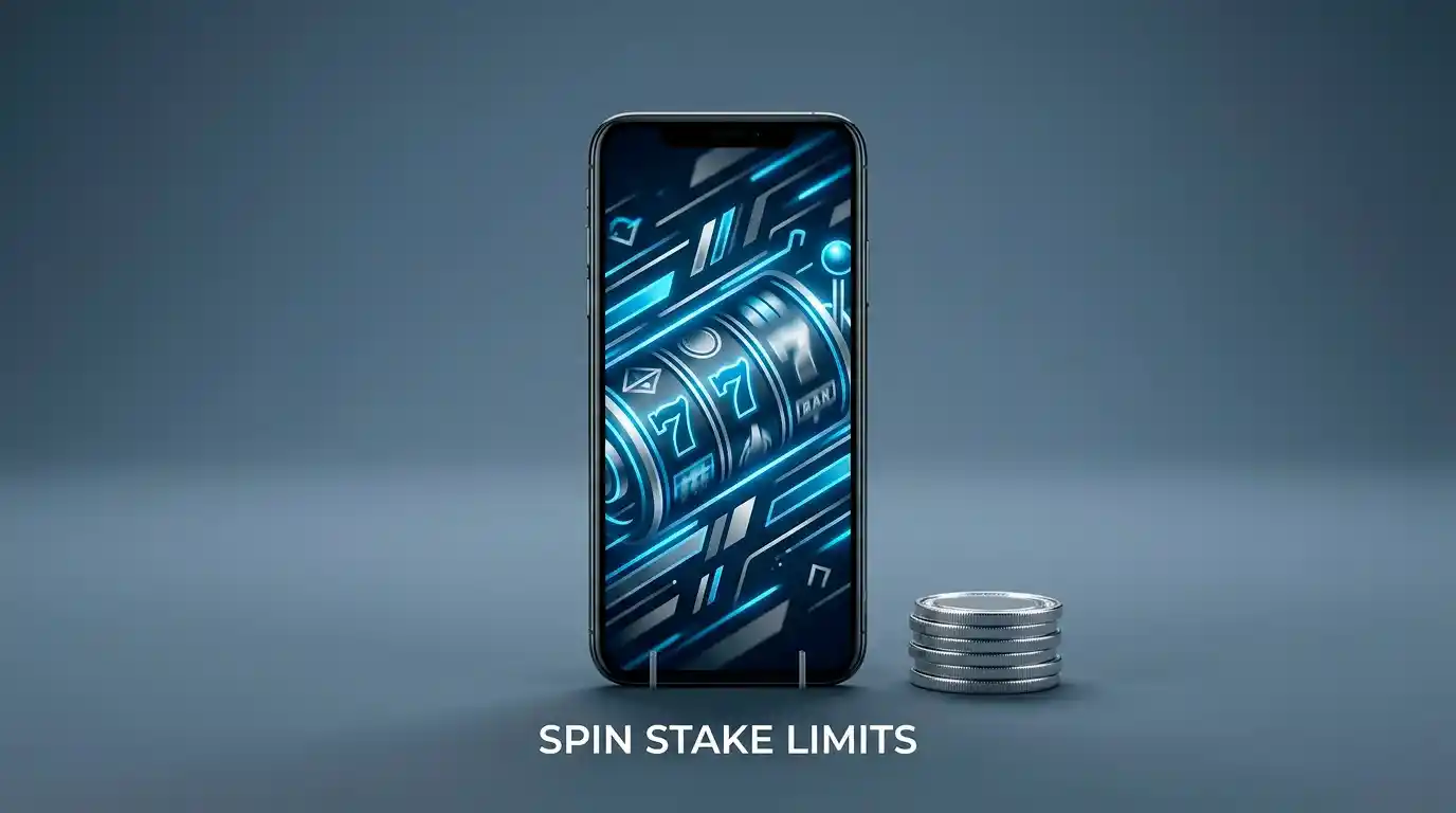 A smartphone showing a slot game with a coin stack representing the new online slot stake limits