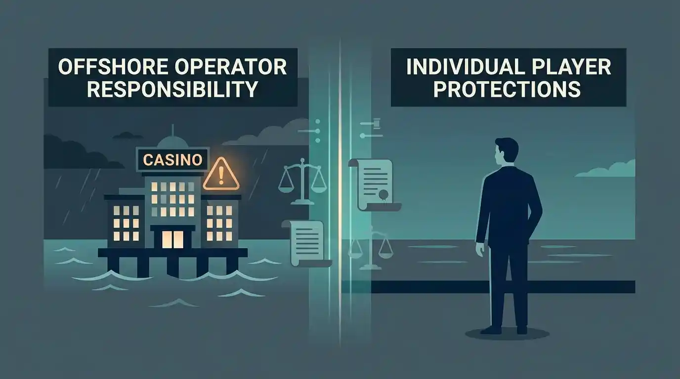 Illustration contrasting an offshore operator acting unlawfully toward the UK market with an unaffected individual player