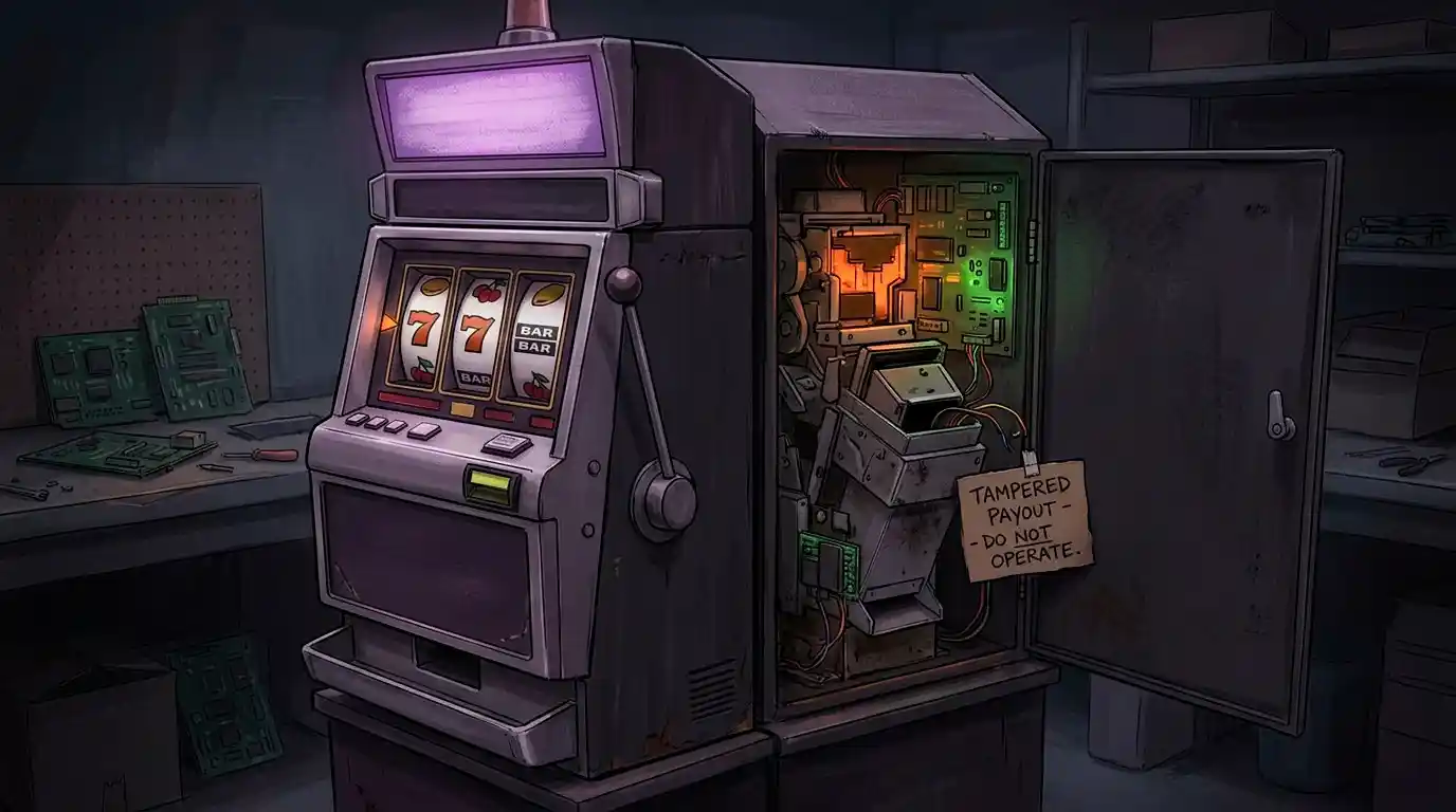 Illustration of a familiar-looking slot machine with a hidden altered payout mechanism behind it