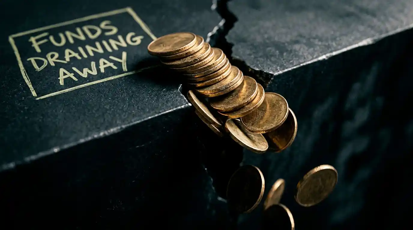 Coins draining away through a gap representing player funds that are not ring-fenced offshore