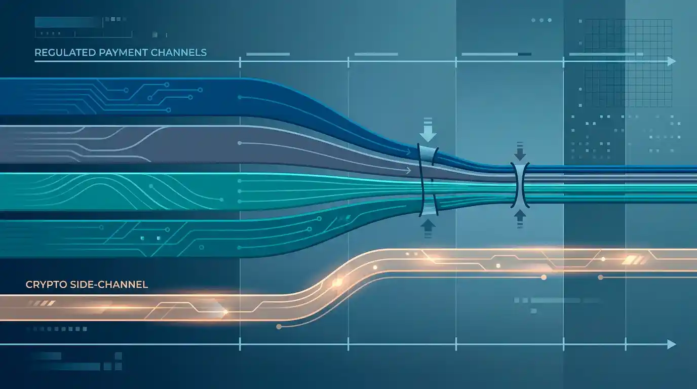 Illustration of regulated payment channels narrowing over time while a crypto side-route remains open