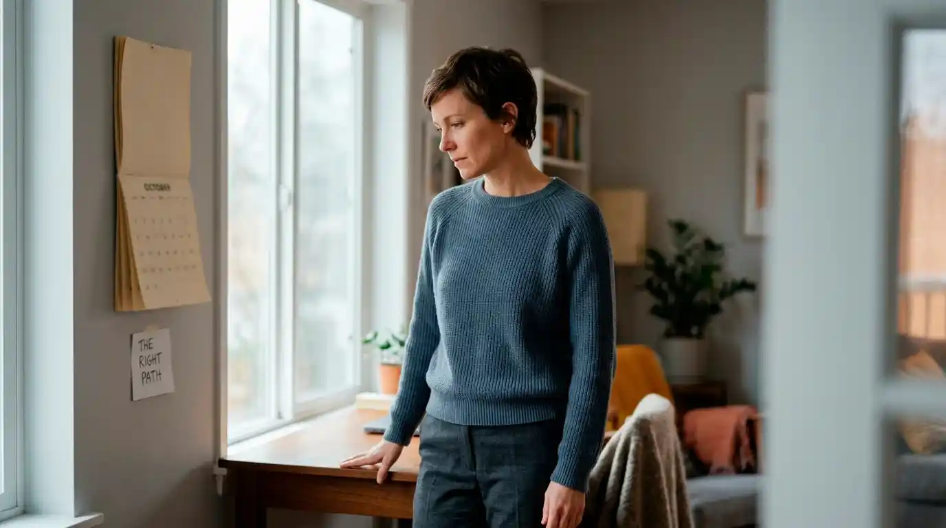 A person pausing thoughtfully before a calendar, considering ending a GamStop self-exclusion