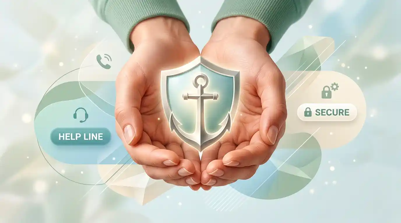 Calm, supportive illustration representing UK gambling support and free confidential helpline access.