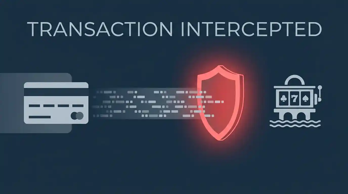 Illustration of a bank card transaction to an offshore gambling site being blocked at the network level