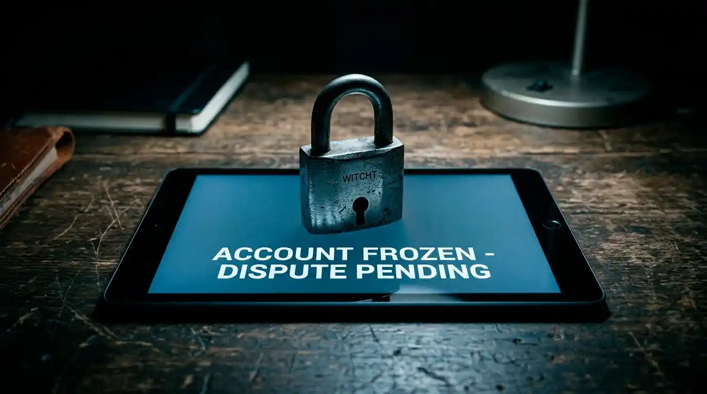 A locked padlock over a withdrawal screen representing a frozen offshore casino account